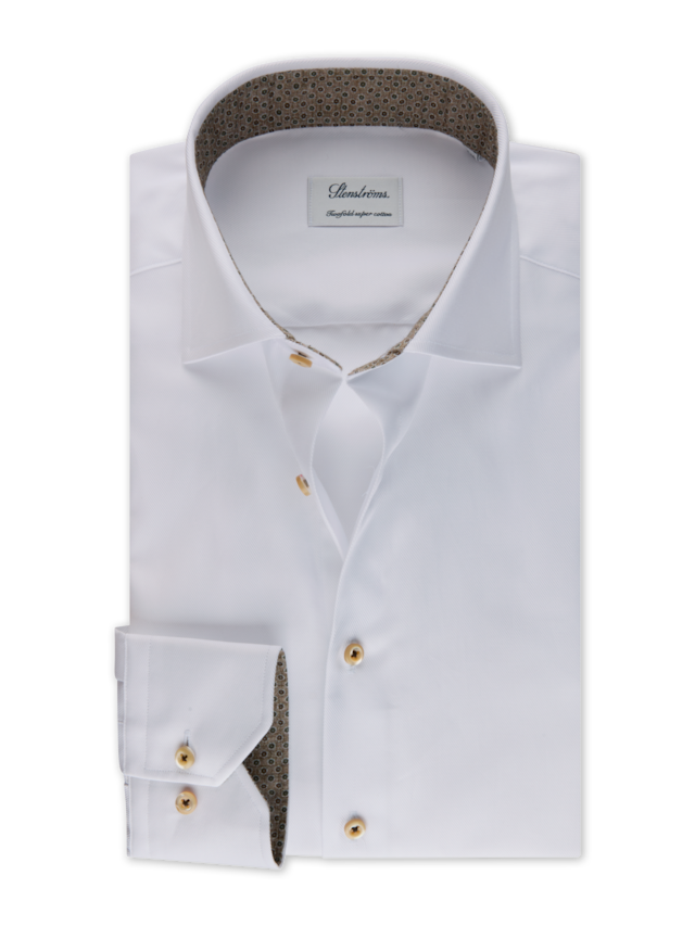 Stenstroms - White Contrast Twill Shirt - Brown Buttons