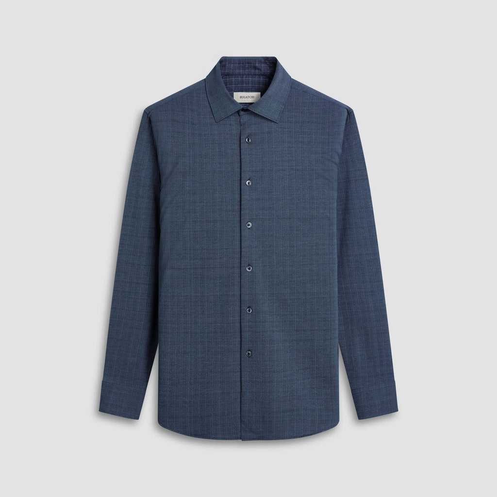 Bugatchi -  8 Way Stretch - Jimmy Double Sided Herringbone/Check OoohCotton® Shirt - Navy