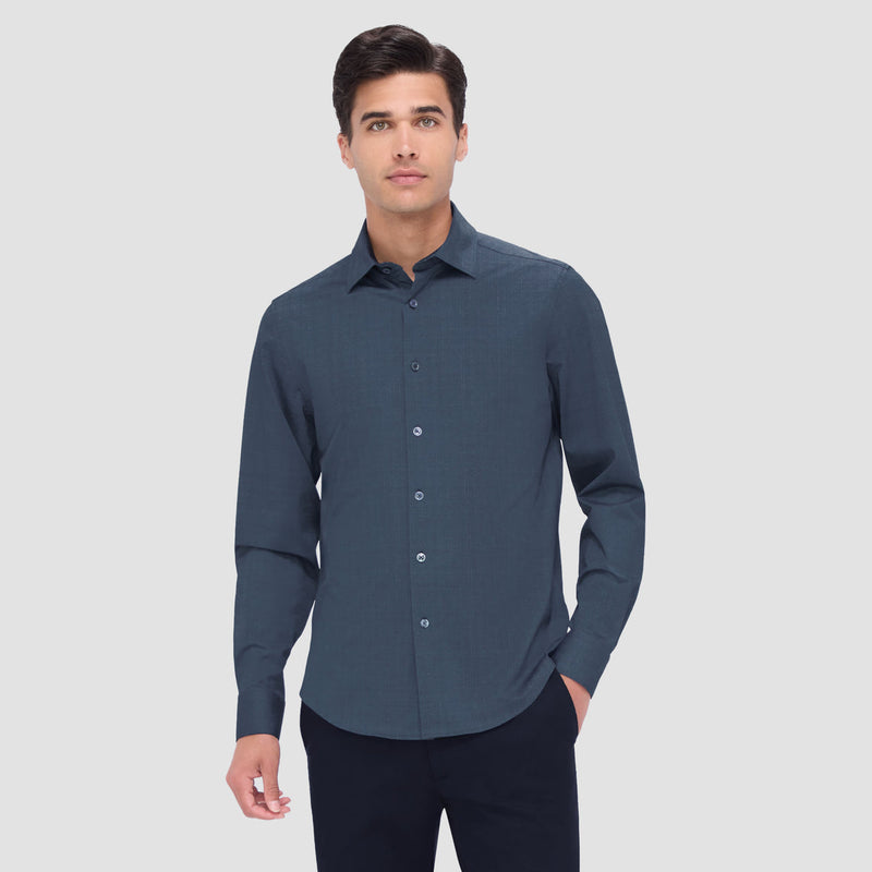 Bugatchi -  8 Way Stretch - Jimmy Double Sided Herringbone/Check OoohCotton® Shirt - Navy