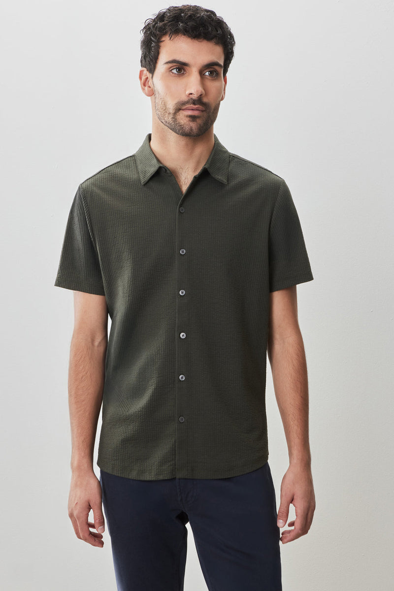 Robert Barakett - Manny Knit Short Sleeve Seersucker - Dark Olive - SS25